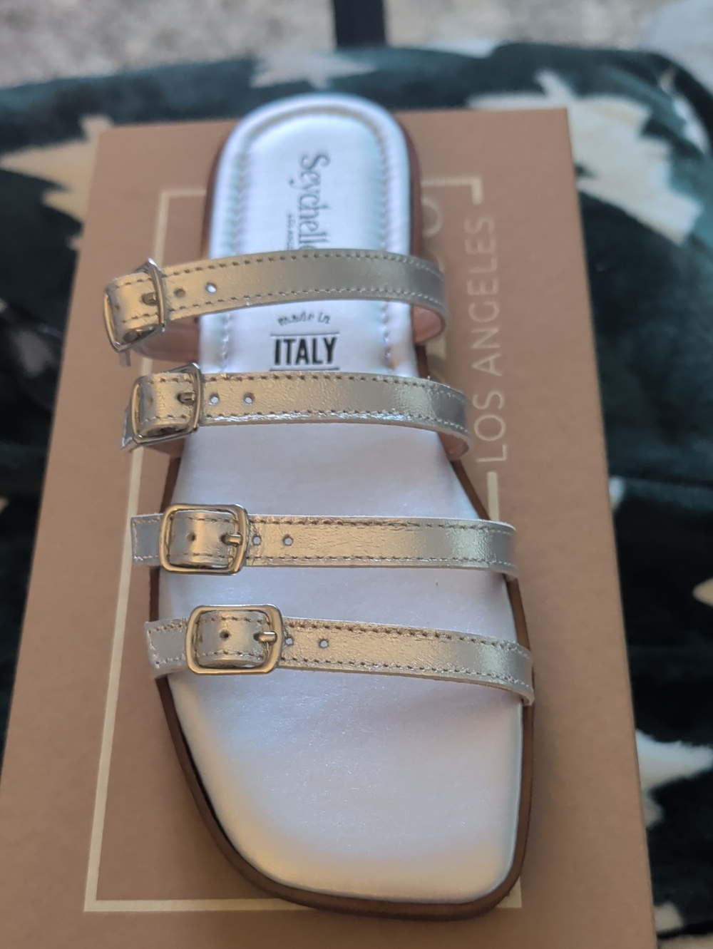 Brand New Seychelles Metallic Silver Four-Buckle Slide Sandal